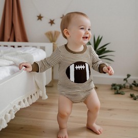 Baby Boy Football Clothes Embroidery Striped Bubble Romper Long Sleeve Sweatshirt Bodysuit Jumpsuit Game Day Outfit (Brown, 3-6 Months)