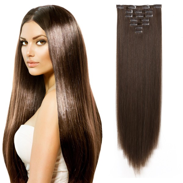 OneDor 24" Straight Full Head Kanekalon Futura Heat Resistance Hair Extensions Clip on in Hairpieces 7pcs 140g (Straight 8#-Light Chestnut Brown)