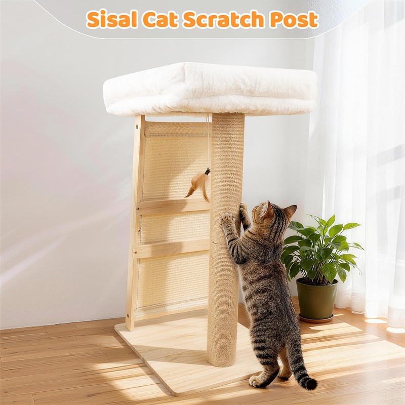 Famifit 31.5" Cat Scratching Post, 3-in-1 Multifunctional Natural Pine Wood