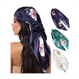 35” Large Square Satin Head Scarf - 3Pcs Satin Hair Scarves Silk Bandana Scarf Headscarf Silk Feeling Scarf for Women - Color: Peach Blossom(white/Cyan/Navy Blue)