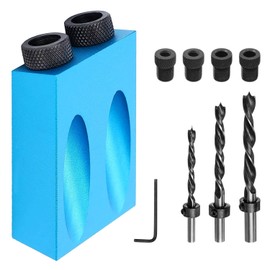 15° Pocket Hole Screw Template, Full Aluminium Oblique Hole Drilling Template, with 6/8/10 mm Drill + Sleeve + Boundary Ring, Accessories for Woodworking, for DIY Projects (Blue)