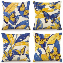 Throw Pillow Covers Set of 4 Mustard Yellow and Blue Cushion Covers 45 x 45 cm Tropical Leaves Butterfly Linen Square Throw Pillow Cases 18 x 18 Inch Decorative for Living Room Bedroom Sofa Couch Bed