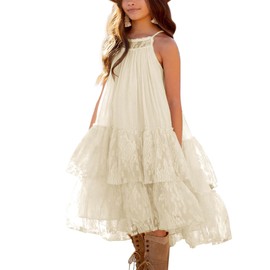 Batermoon Girls Lace Backless Tulle Dress Halter Neck Boho Flower Girl Sleeveless Ruffle Swing Party Dress, Apricot, 7-8 Years