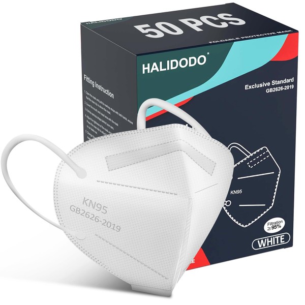 HALIDODO 50 Packs KN95 Face Mask 5-Ply Filter Safety Mask