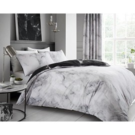 GC GAVENO CAVAILIA Printed Textured Duvet Cover 3 pcs, Double, Reversible Marble Quilt Covers, Polycotton Bedding Sets, White