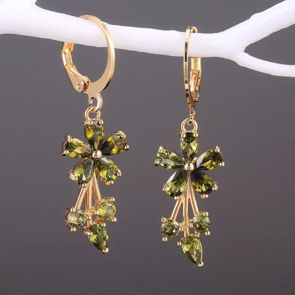 Unbranded 14K Gold Plated Green Crystal Flower Dangle Drop Earrings