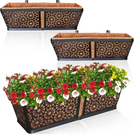 ZeeDix 3 Pack Metal Window Box for Railings, 24 Inch Over Railing Planter Boxes with Coco Liners, Hanging Flower Box Planters for Outdoor Fence Deck Porch Balcony & Patio