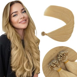 Elailite Nano Ring Hair Extension Real Human Hair With Nano Beads Cold Fusion 50 Strands 50g Straight (#24 Natural Blonde, 18 Inch)