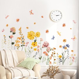 HPNIUB Yellow Flower Wall Stickers Murals for Living Room Butterfly Daisy Floral Wall Stickers Wildflower Grass Butterflies Wall Art Bedroom Home Office Wall Decor