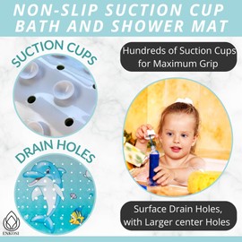 ENKOSI Bath Mat Long 40x16 – Non-Slip Bathtub Mat with Secure Suction Cups & Drain Holes with Fun Dolphin Design - Bathroom Shower Mat for Tub for Kids and Toddlers (Bath Dolphin)