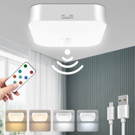 WhitePoplar Motion Sensor Rechargeable Ceiling Light Indoor with Remote, Wireless Battery Operated Rechargeable Sensor Light for Closet, Garage, Hallway, 3000K-6000K Battery Powered Shower Lights