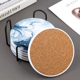 Set of 4 Ceramic Drink Coasters Blue White Marble Flow Pattern - Absorbent Cork Base - Heat Resistant - Non-Slip Grip - Housewarming Gift (Set of 4)