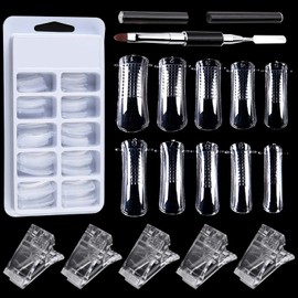 100 Piezas Puntas Transparentes para Extensión de Uñas Puntas de Uñas Nail Tips Tips para Uñas Molde Doble para Uñas Cubierta Completa Herramientas de Gel de Poligel UV Set de Formas para Sistema de Uñas Acrílicas con Pincel y Recogedor de Poligel de Dob