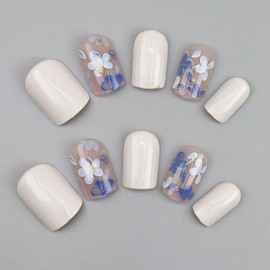 24Pcs Press on Nails Flower Fake Nails Short Square Acrylic Nails Glossy Full Cover Stick on Nails Blue Floral with Designs Glue on False Nails Spring Nails Press Ons for Women