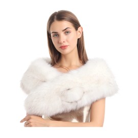 LA CARRIE Women's Faux Fur Collar Scarf Wrap Shawl Cold Winter Warmer(White,120cm,47.2in)