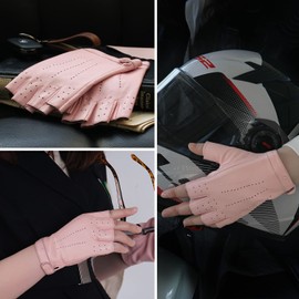 GSG Fingerless Leather Gloves Women's Genuine Leather Unlined Half Finger Driving Gloves Made of Sheepskin W200103, Pink (pink 2)