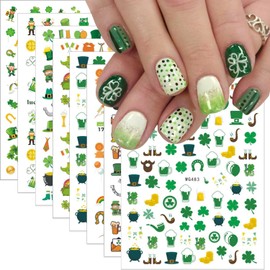 8Pcs St. Patrick's Day Nail Art Sticker 3D Self Adhesive Spring Nail Decals Lucky Shamrock Nail Stickers for Nail Supplies Green Clover Hat Letters Nails Design Accessories Shamrock Stickers for Nails