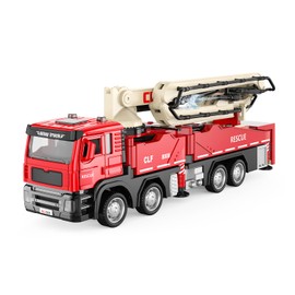 ADTHLIER 1:50 Aerial Fire Truck, Die-Cast Cab, Pull-Back with Lights & Sounds, One-Key Water Spray, Four-Joint Foldable Ladder, Multi-Angle Extendable Boom, Fire Rescue Toy for Kids Ages 3-9