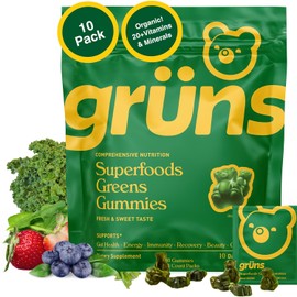 Gruns - Gomitas Super Greens para adultos, superalimentos multivitamínicos, espirulina, clorella, prebióticos y gomitas de fibra para la salud digestiva, suplemento de adaptógenos, 20 vitaminas y