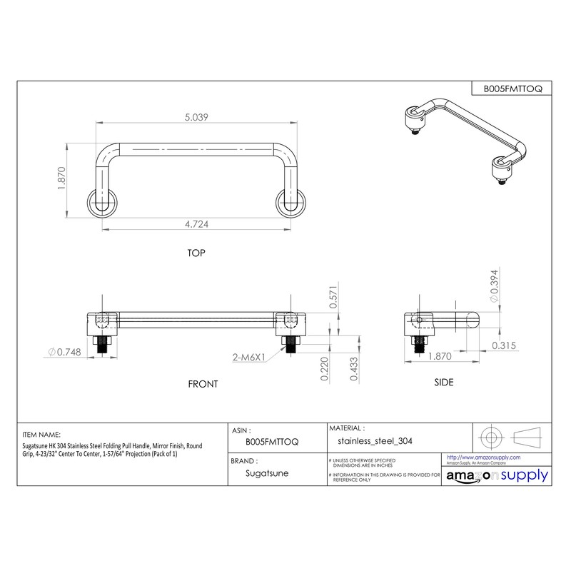 Sugatsune HK 304 Stainless Steel Folding Pull Handle, Mirror Finish,