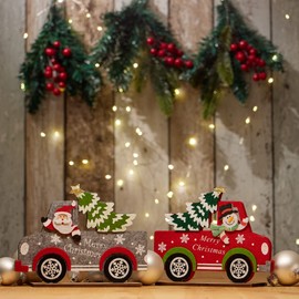 com-four® 2 x Felt Christmas Decorations - Decorative Stand - Christmas Table Decoration - Santa Claus and Snowman with Car as Felt Figures (Pick Up - Red Grey)