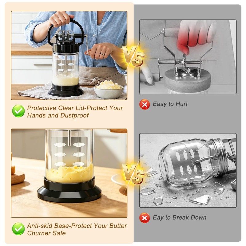 Upgraded 1L Manual Butter Churner with Non-Slip Base & Finger-Safe