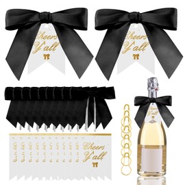 50 Set Satin Ribbon Bows,Cheers y All Bottle Tags,Champagne Bottle Twist Tie Bows with Card for Wedding Birthday Beach Party Baby Shower Bridal Shower Christmas Decoration(Black)