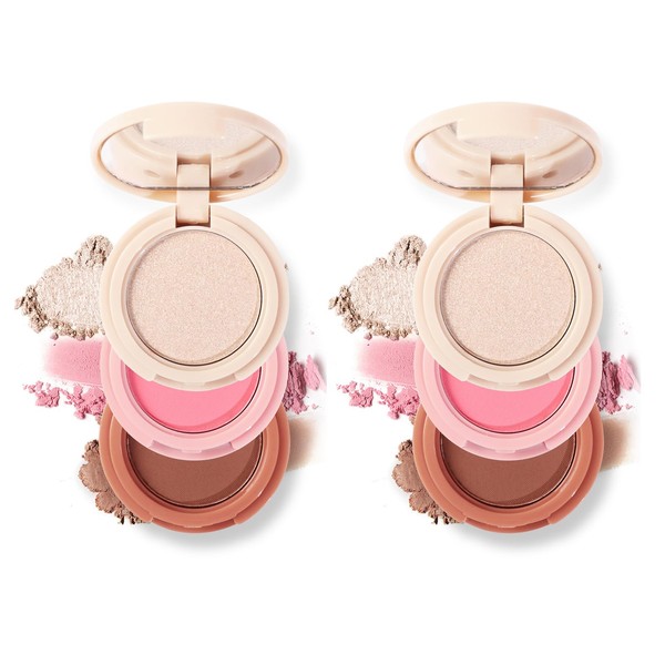 Joyeee 2Pcs Face Makeup Palette, 3 In 1 Blush Highlighter