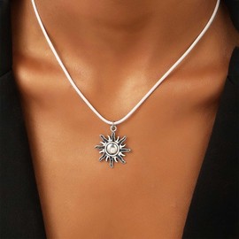 TseenYi Sun Necklace White Suede Velvet Choker Necklace Silver Sunflower Necklace Flame Sun Pendant Necklace Small Sun Velvet Necklace Vintage Sunflower Pendant Necklace, Zinc, No Gemstone