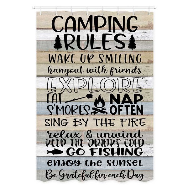 Camping Rules RV Shower Curtain, Happy Camper Rules on Rustic