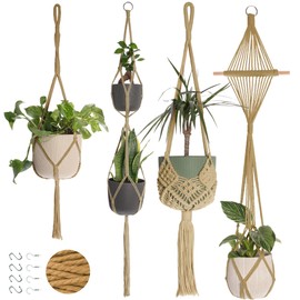 Nook Theory 4-Pack Macrame Plant Hangers with 8 Hooks - Hanging Planters for Indoor Plants, Boho Macrame Hangers Indoor Outdoor, Decorative Plant Hanger Indoor (Caramel)
