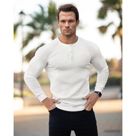 Yewloch Men's Muscle Slim Henley Shirts,Cotton Casual Short,Long Sleeve Lightweight Button Business Underwear T-Shirts White L