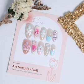 30Pcs 3D Handmade Press on Nails with Charms Medium Almond Fake Nails Cute French Tip Nails Press ons 3D Flower Stick on Nails Almond Shape Acrylic Nails Pink Glossy Glue on Nails for Women Daily Wear