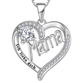 YL Mama Necklace 925 Sterling Silver Engraving I Love You Cut 12 Birthstones Zirconia Mum Pendant for Women, Silver, Cubic Zirconia