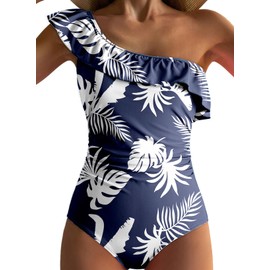 Dokotoo Lady Cold Shoulder One-Piece Swimsuit One Shoulder 2025 Asymmetric Removable Padded Ruffled Sleeve Cute Monokinis Tummy Control Plus Size Swimwear,Painting XX-Large