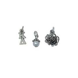 Sorority Greek Kappa Delta Essential Trio of Charms - lavaliere, rose mascot, white glass pearl dangle