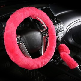 Car Steering Wheel Cover with Handbrake Cover & Gear Shift Cover CXTIY Fashion Steering Wheel Wrap Faux Wool Fluffy Soft and Warm in Winter Diameter 14.96" X 14.96" 3 Pcs 1 Set Fit Most of Car (Pink)