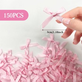 Pack of 150 Satin Bows 3 x 2 cm Small Satin Ribbon Flowers Appliqués DIY Craft Decorative Bows for Wedding Christening Communion Appliqué Scatter Decoration (Pink)