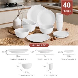 BUSOKIP 40PCS Kitchen Plates and Bowls Set, Plastic Dinnerware Sets - White