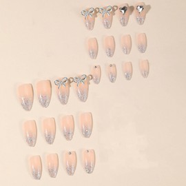 IMRAIN Press on Nails Medium Almond Fake Nails Silver Glitter Gradient Glossy Full Cover Artificial Cute Bow & Diamonds Glue on False Nails for Women Girls 24Pcs