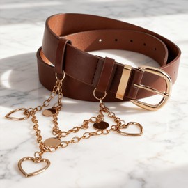 Zhanzong Leather Belt for Women Casual Waist Belt with Chain for Jeans pants Dress (Brown, M)