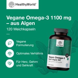 HealthyWorld Vegan Omega-3 1100 mg - Oil from Schizochytrium Algae - DHA and EPA in Optimal Ratio 2:1 - 120 Soft Capsules - 2 Month Supply - With Vitamin E