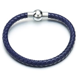 COOLSTEELANDBEYOND Pulsera de cuero trenzado azul oscuro para hombre y mujer, pulsera de cuero auténtico, cierre magnético, delgada