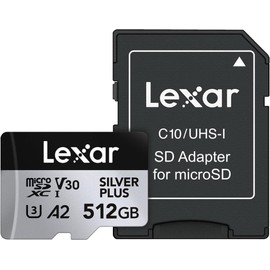 Lexar Silver Plus Micro SD Card 512 GB, Up to 205 MB/s Read Speed, 150 MB/s Write Speed, Memory Card Micro SD with SD Adapter, UHS-I, A2, U3, V30, Class 10, 4K UHD microSDXC