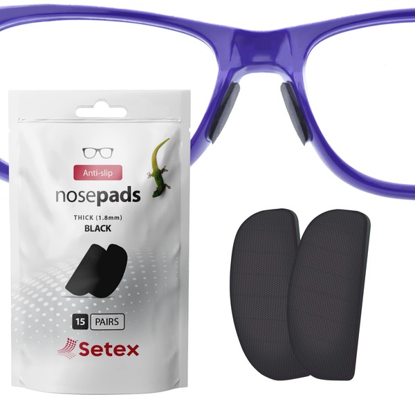 Setex-Gecko Grip Almohadillas antideslizantes para la nariz de anteojos de 1,8 mm de grosor (paquete a granel de 15 pares negros) fabricadas en EE. UU., fibras microestructuradas innovadoras, 1,8 mm x