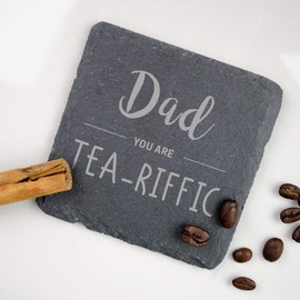 eBuyGB Engraved Drinks Slate Coaster, Tea-Riffic, Fathers Day, Dad Birthday Gift, Stoneware