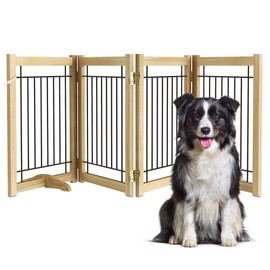 Acovy 4-Panel, 24" Height, 80" Width, Solid Wood Frame Hardwood Frame Indoor Freestanding Dog Gates Pet Gate Dog Gate Foldable Wooden Dog Fences for Stairs, House, Doorway, Oak Color