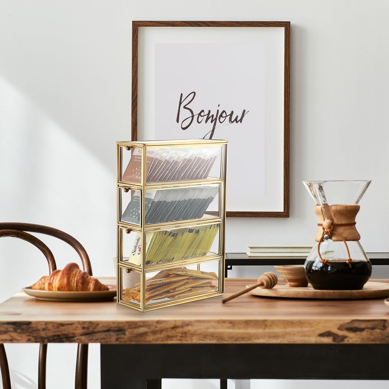 ELLDOO Coffee Pod Holder with 4 Drawers, Gold Glass Coffee
