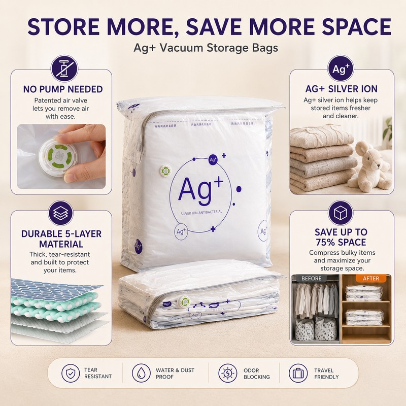 2 Pack Ag+ Silver Ion Vacuum Storage Bags, No Pump