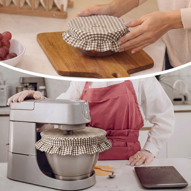 Hushee 3 Pcs Brown Gingham Bowl Covers with Ruffle for